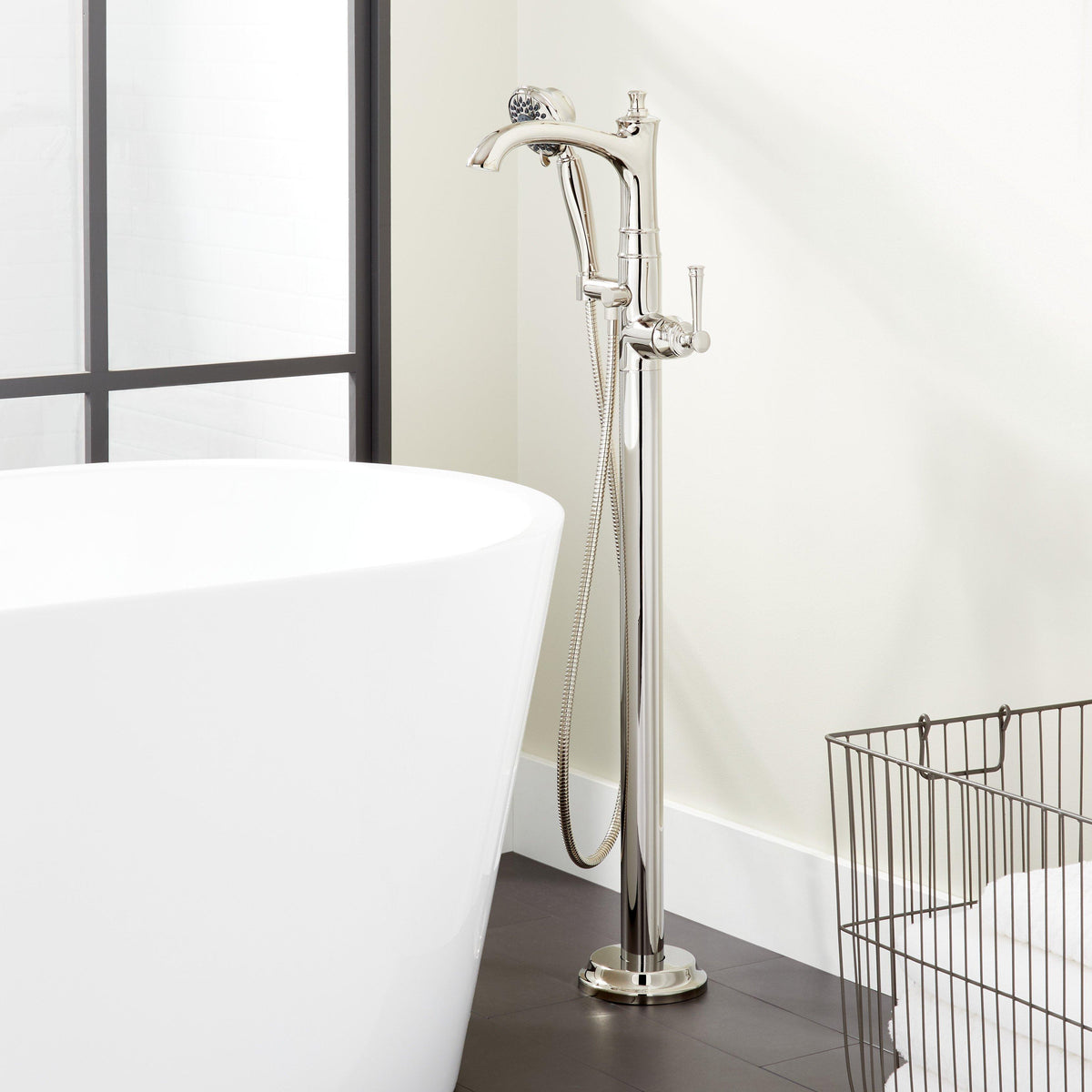 Freestanding Tub Faucet with Hand Shower and Rough-In Valve Less Stops - Polished Nickel