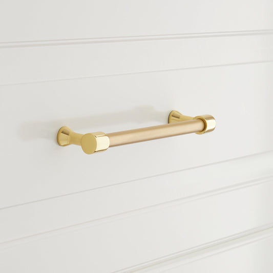 8" Solid Brass Cabinet Pull - Polished Brass Legs - Satin Brass Bar