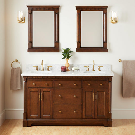 60" Double Vanity - Antique Coffee with Undermount Sinks - Carrara Marble Widespread