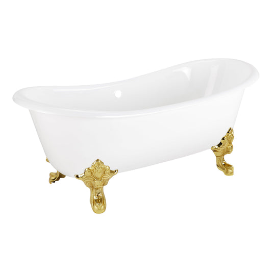67" Cast Iron Double-Slipper Clawfoot Soaking Tub - White - Rolled Rim - PB Feet - Less Drain