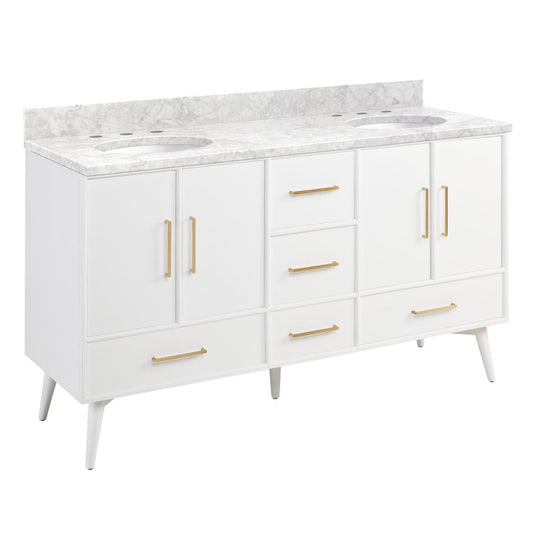 60" Vanity with Undermount Sinks - Bright White - Carrara Marble - Widespread