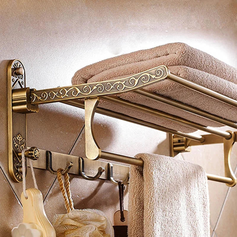 Folding Towel Rack with Shelf and Hooks - Antique Brass Finish