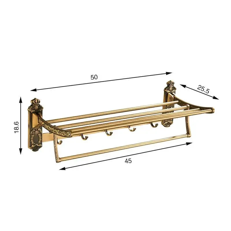 Folding Towel Rack with Shelf and Hooks - Antique Brass Finish