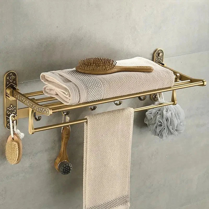 Folding Towel Rack with Shelf and Hooks - Antique Brass Finish