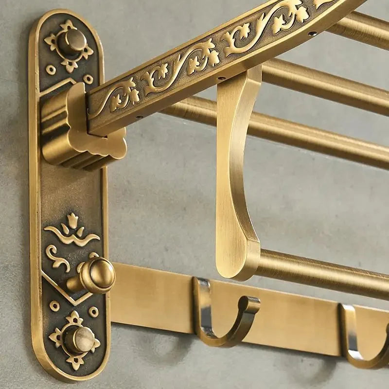 Folding Towel Rack with Shelf and Hooks - Antique Brass Finish