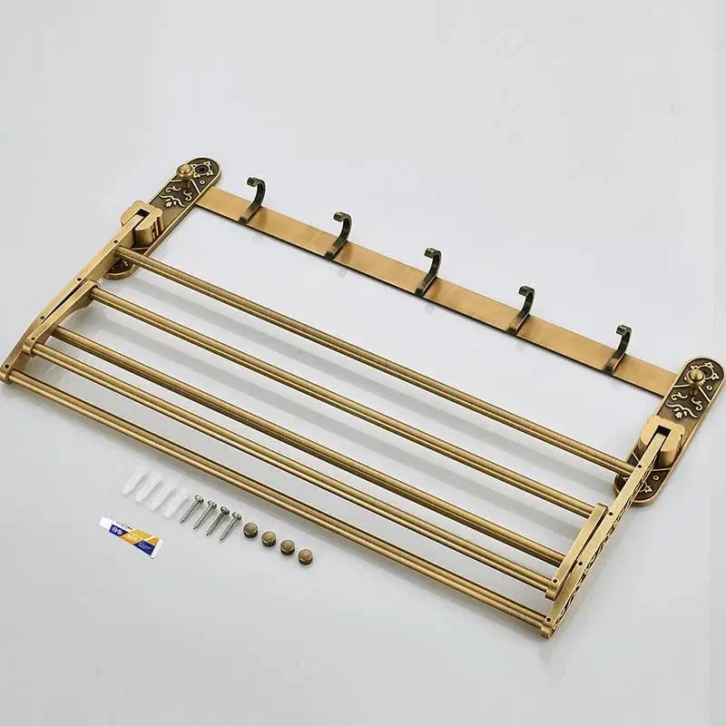 Folding Towel Rack with Shelf and Hooks - Antique Brass Finish
