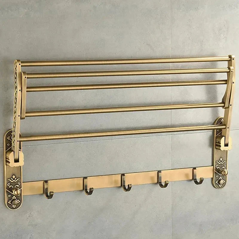 Folding Towel Rack with Shelf and Hooks - Antique Brass Finish
